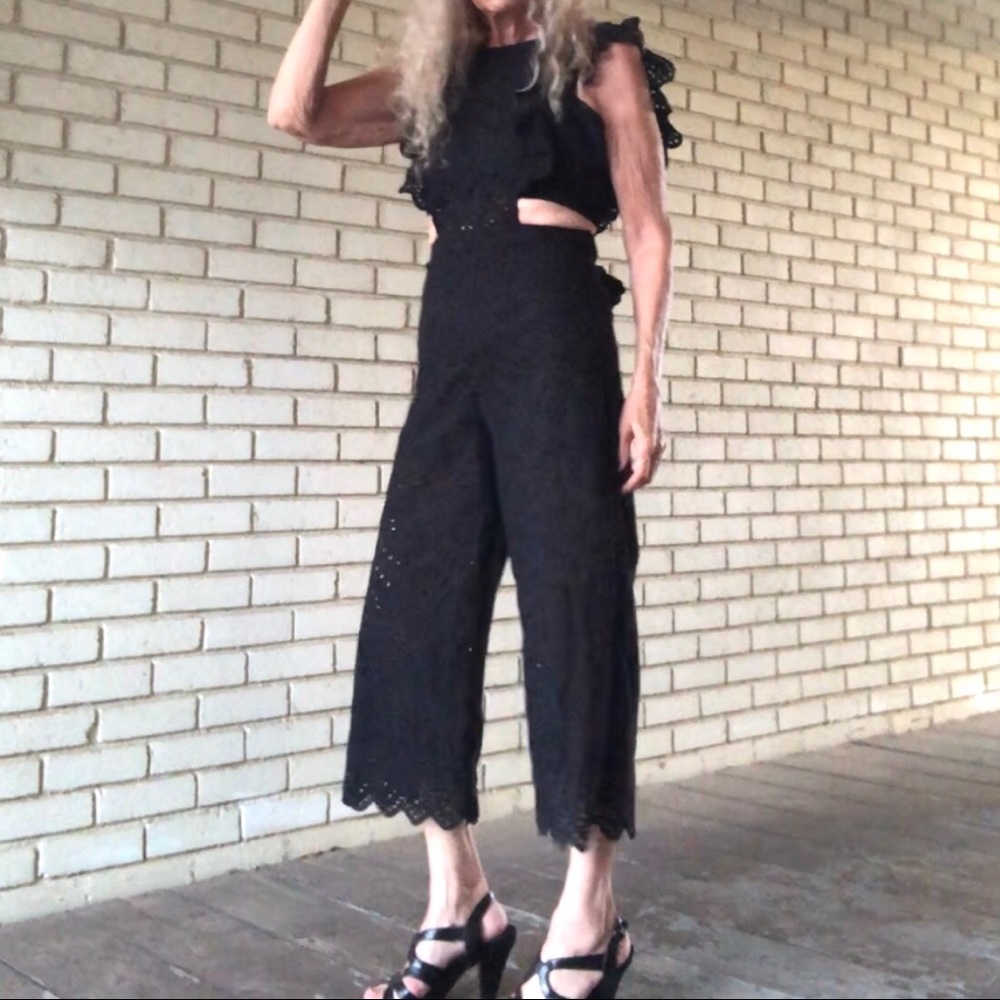 Blue Blush Black Eyelet Cutout Jumpsuit.